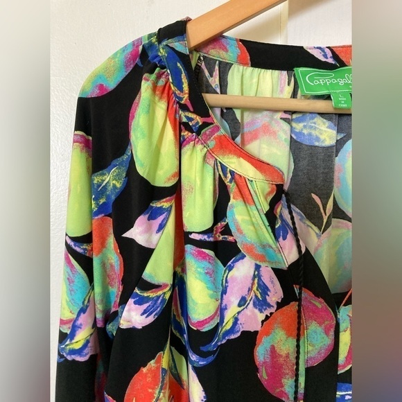 PAPPAGALLO popover blouse multicolored bright fruit print tassels tie front - Picture 6 of 11